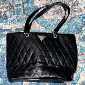 GUESS Black Quilted Tote Bag Featuring Silver GUESS Triangle Logo on Front